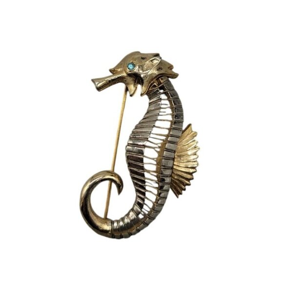 Seahorse Brooch Silver & Gold Tone Blue Rhinestone Eye Vintage Nautical Piece - Picture 6 of 8